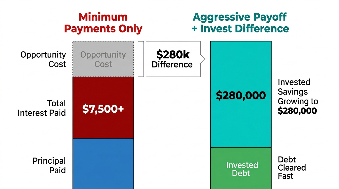 Side-by-side bar chart comparing two people on identical incomes where one person pays off credit card debt aggressively and invests the savings, ending with 280000 dollars more than the person who paid only the monthly minimum over 20 years