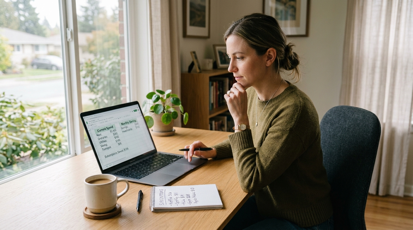 Person sitting at a clean home desk with a laptop showing a personal budget audit spreadsheet, a notepad with cancelled subscriptions listed, and a coffee at home instead of a branded cup, representing a deliberate spending review