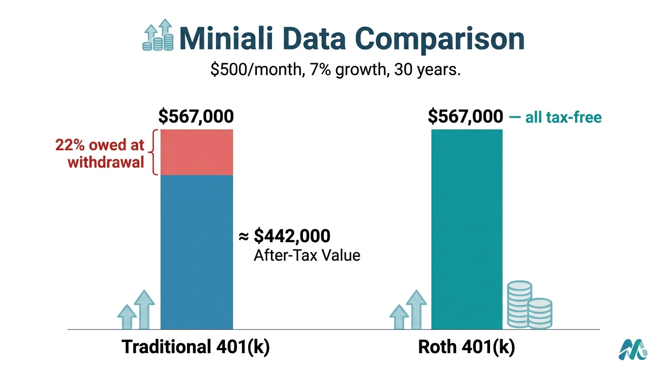Side-by-side bar chart showing a 500 dollar monthly contribution growing identically over 30 years in both a traditional 401k and Roth 401k before taxes, with the after-tax value of the traditional account reduced based on a 22 percent withdrawal rate