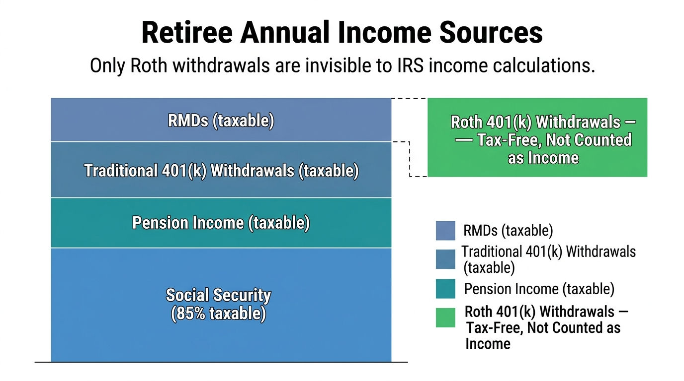 Stacked income bar chart for a hypothetical retiree showing taxable Social Security, traditional 401k withdrawals, pension income, and Roth 401k withdrawals labeled as completely tax-free and not counted toward taxable income