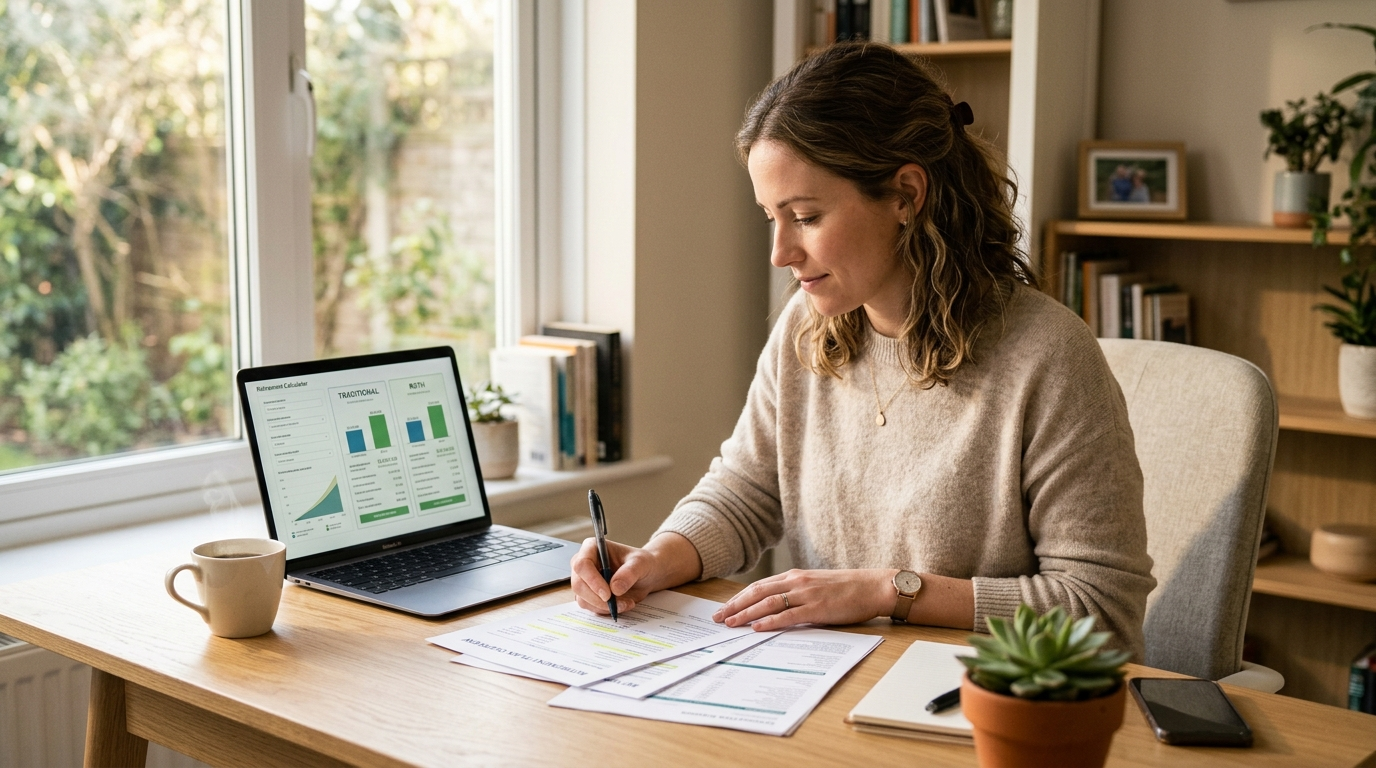 Person asking an AI assistant on a retirement calculator whether to choose a traditional or Roth 401k based on being 28 and in a low tax bracket expecting higher future income