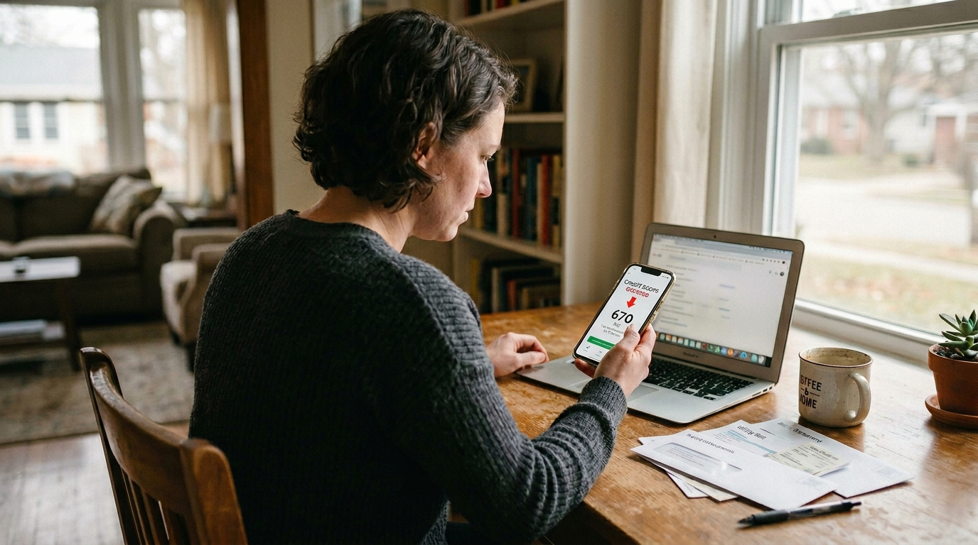 Person checking their credit score on a smartphone showing a significant drop from 780 to 670 with a red downward arrow, seated at a desk with bills visible in the background