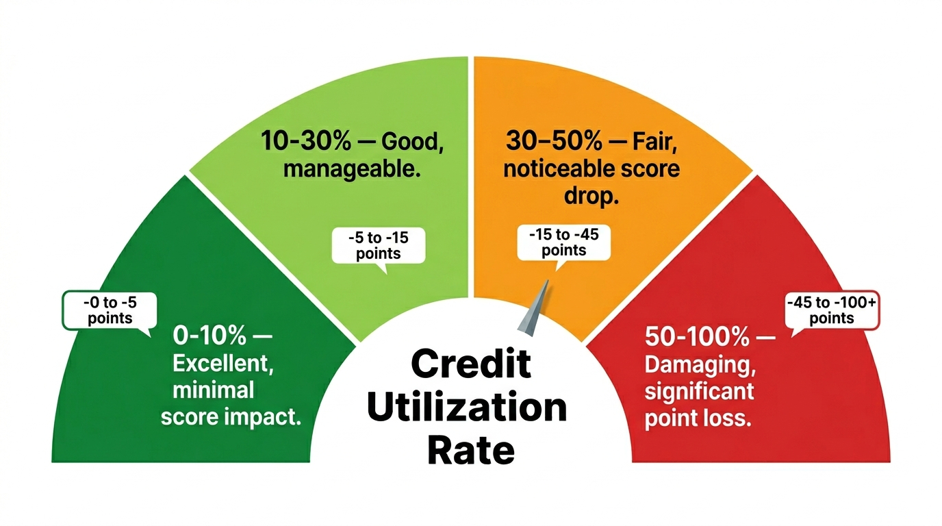 Credit utilization gauge infographic showing a dial that moves from green at 0 to 10 percent labeled Excellent, through yellow at 10 to 30 percent labeled Good, to orange at 30 to 50 percent labeled Fair, to red at 50 to 100 percent labeled Damaging, with point cost estimates shown at each threshold