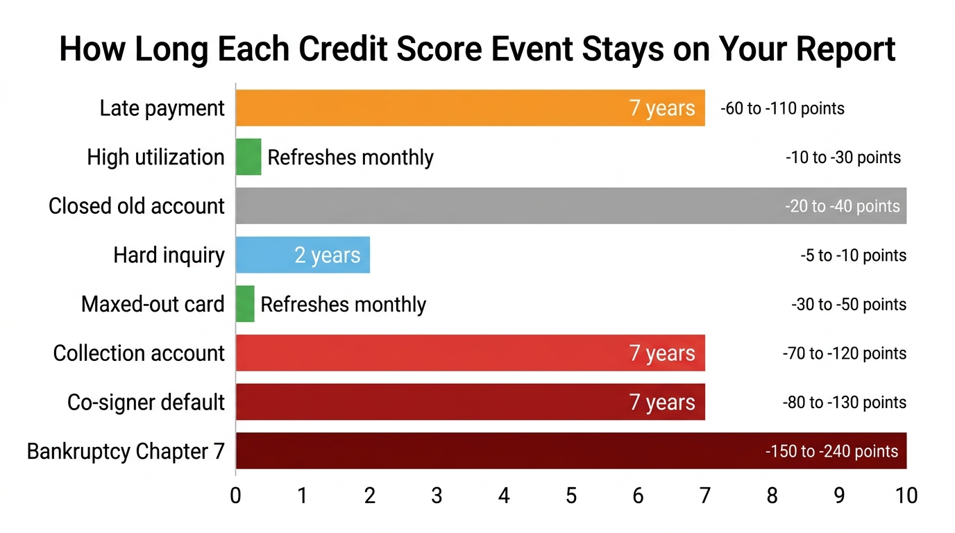 Credit score recovery timeline chart showing horizontal bars for each of the 8 credit-damaging events, indicating how many years each stays on a credit report and a separate overlay showing the expected time to recover to a 700 plus score from each event