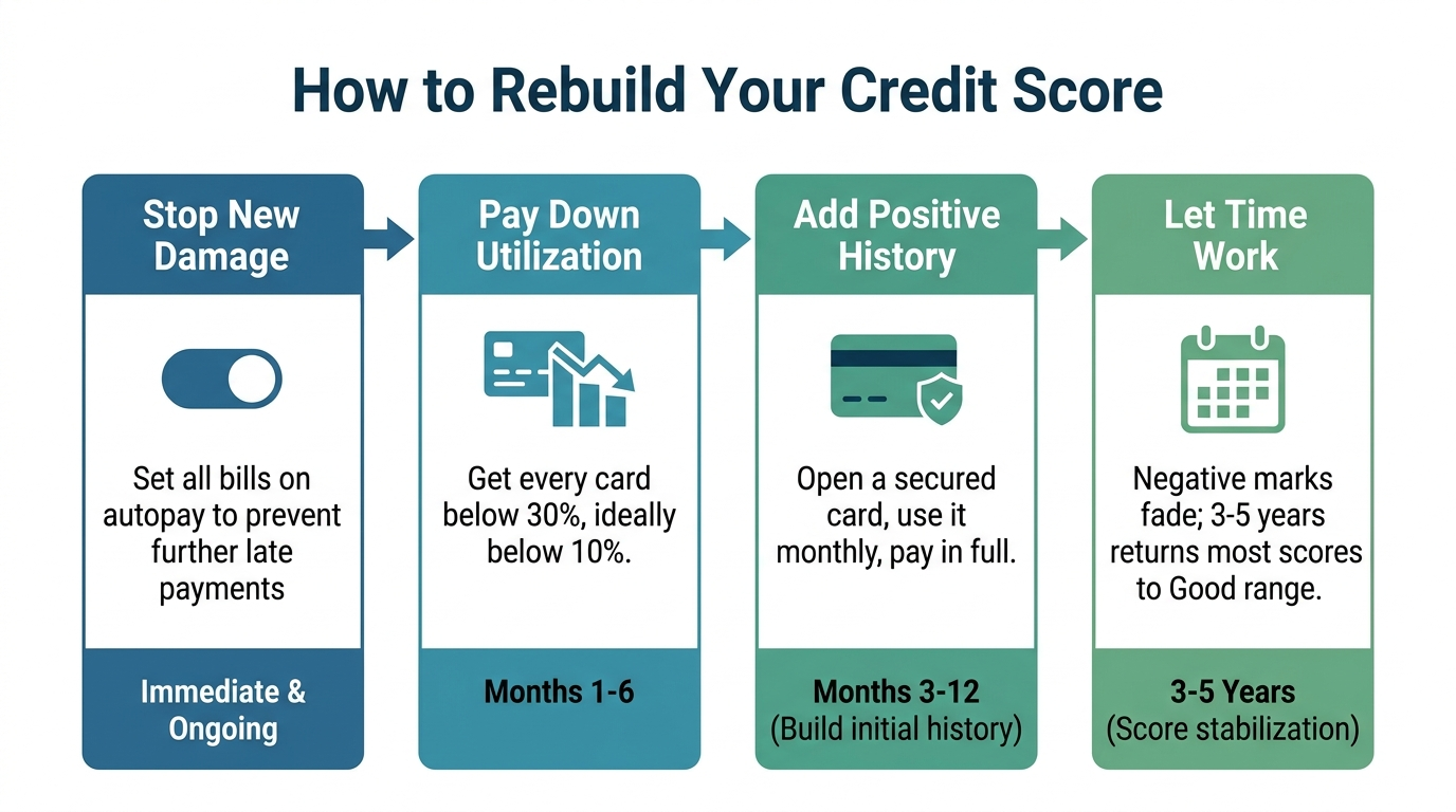 Credit score rebuilding roadmap showing four sequential steps in a horizontal flow: Step 1 Stop new damage with autopay, Step 2 Pay down utilization, Step 3 Add positive history with a secured card, Step 4 Wait for negative marks to age off, with estimated timeframes and expected score improvements at each stage