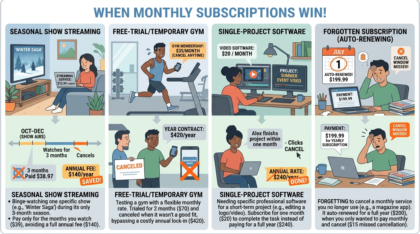 Illustration showing when monthly subscriptions win: seasonal services, free trials, single-project software, and subscriptions you might forget and let auto-renew for a full year
