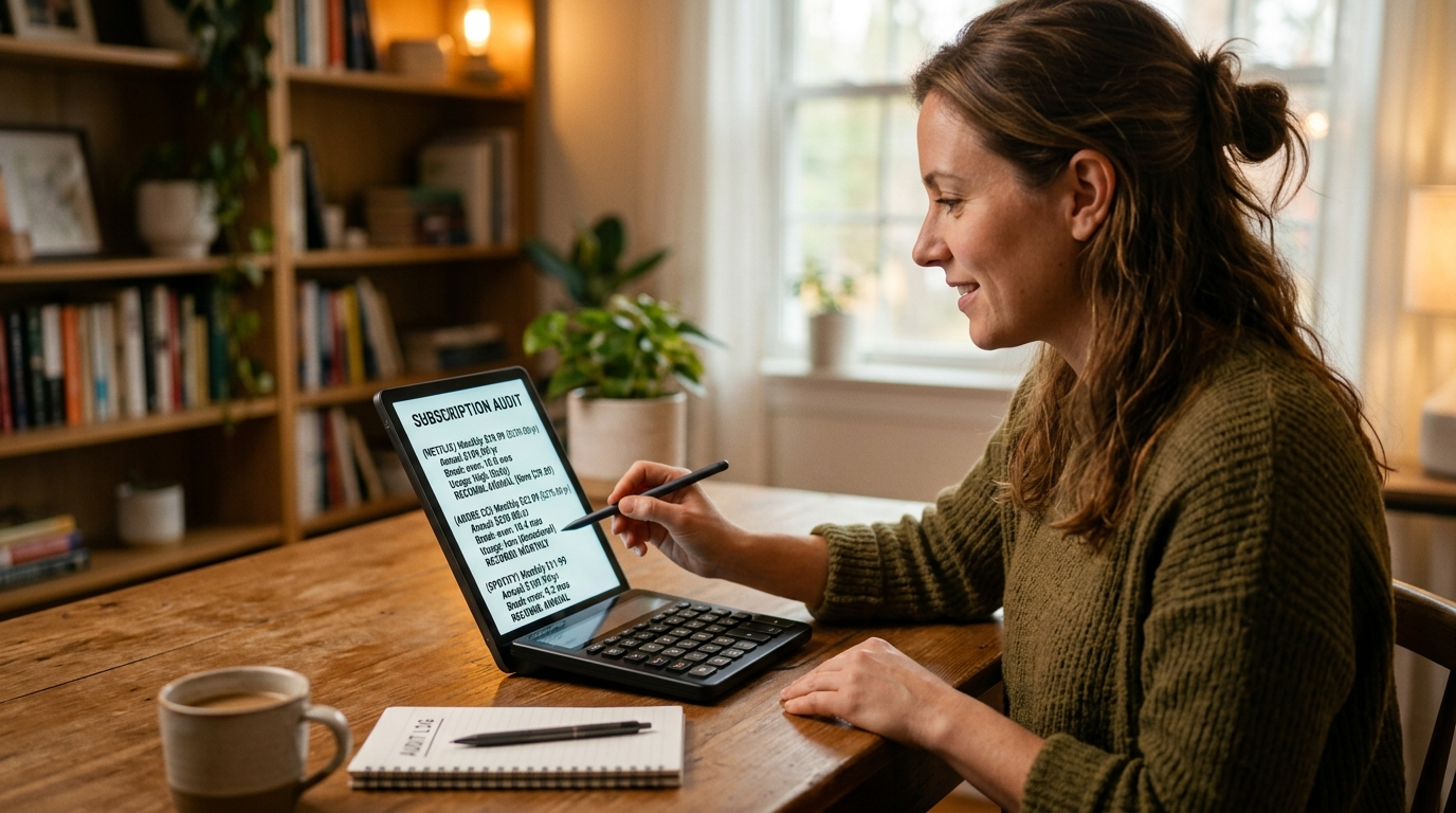 Person auditing their subscriptions with an AI assistant on a calculator that runs the annual versus monthly break-even and recommends which plan to choose