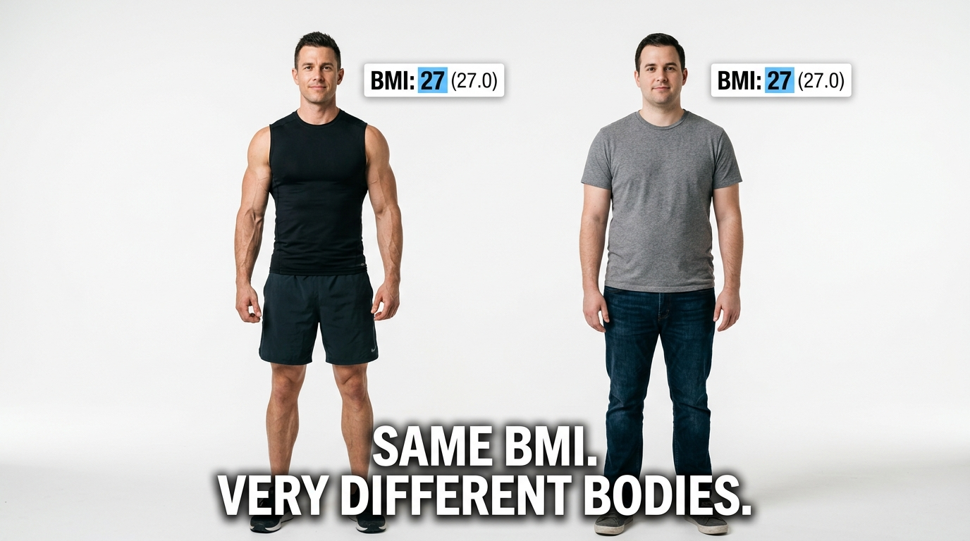 Side by side comparison of two people with identical BMI scores but visibly different body compositions, one muscular and one sedentary