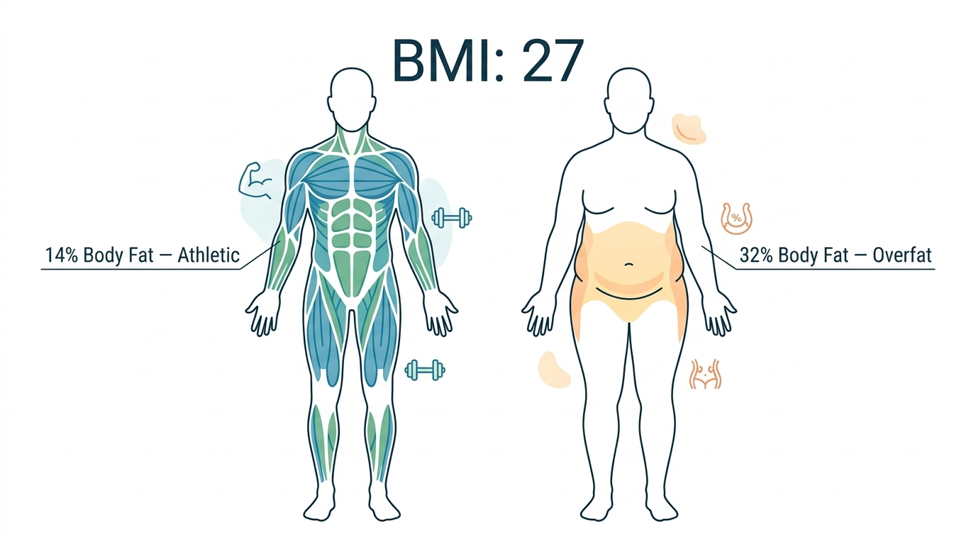Diagram showing two human body silhouettes with identical BMI of 27 but different body compositions, one with 14 percent body fat labeled as muscular and one with 32 percent body fat labeled as overfat
