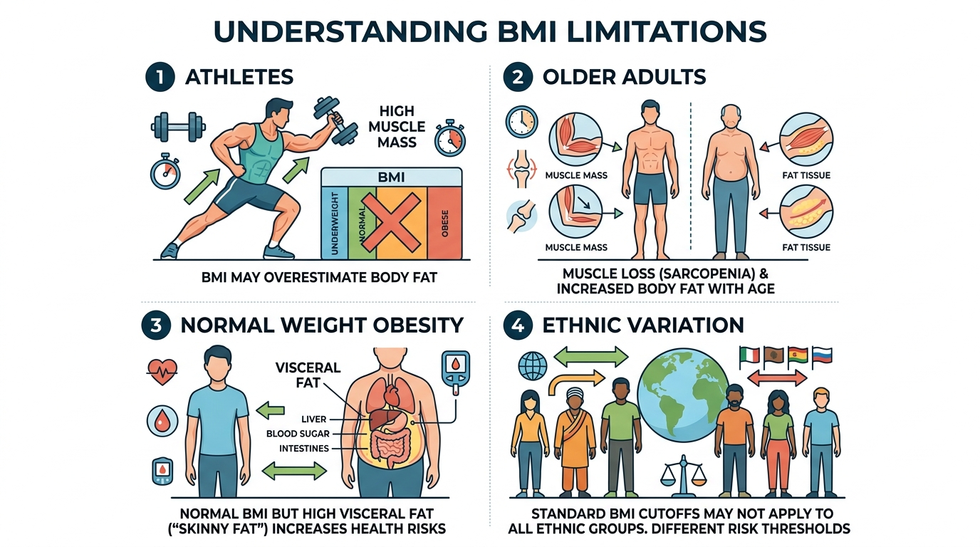 Infographic showing the four groups where BMI produces inaccurate results: athletes, older adults, people with normal weight obesity, and Asian populations with lower risk thresholds