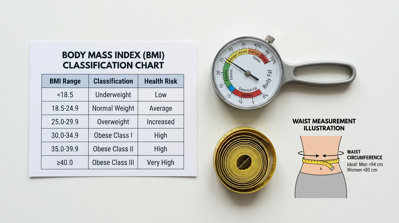 Three measurement tools side by side: a BMI chart, a body fat percentage gauge, and a measuring tape around a waist, representing a complete body composition assessment toolkit