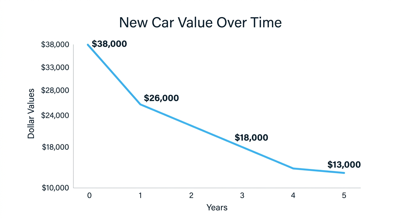 Line graph showing new car depreciation curve with a 35000 dollar vehicle dropping to approximately 26000 after year one, 18000 by year three, and 13000 by year five