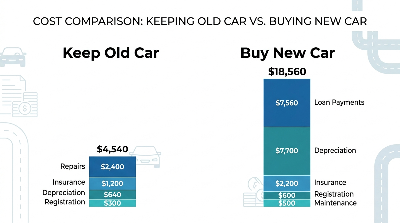 Side-by-side cost comparison infographic showing total annual cost of ownership for a paid-off older car versus a financed new car with labeled categories for repairs, insurance, depreciation, and loan payments