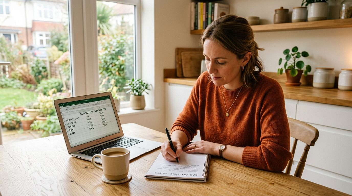 Person sitting at a kitchen table with a notepad and laptop open to a car cost comparison spreadsheet, working through the financial analysis of keeping versus replacing their current vehicle
