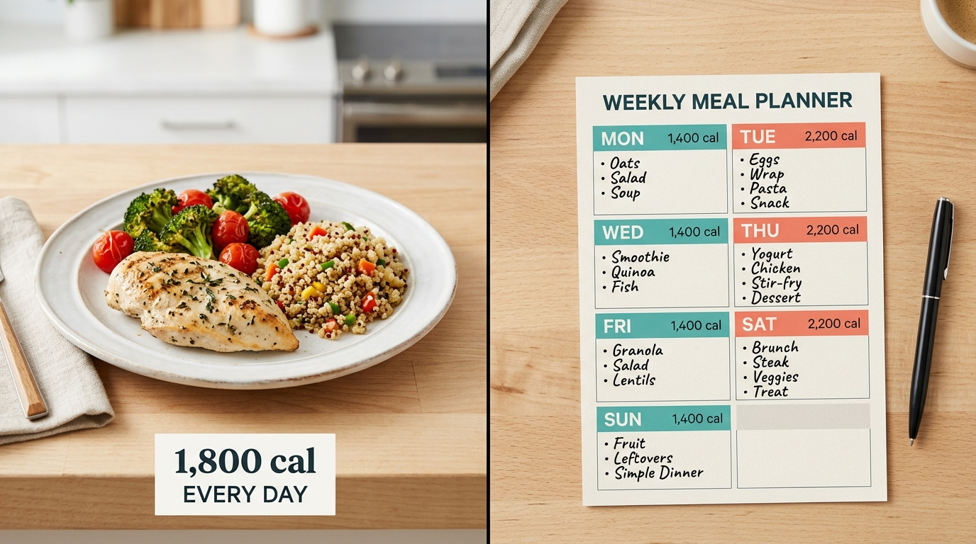 Split image showing a consistent meal plate on the left representing a daily calorie deficit and a weekly meal plan calendar showing varied high and low calorie days on the right