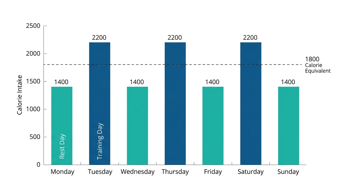 Weekly calorie cycling schedule shown as a bar chart with seven days, alternating between lower calorie days at 1400 calories and higher calorie days at 2200 calories, showing the same weekly total as a flat 1800 calorie daily plan