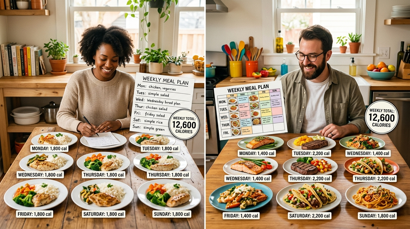 Two people shown with their weekly meal plans side by side, one with a consistent 1800 calorie daily plan and one with a varied cycling plan of high and low days, both reaching the same weekly total