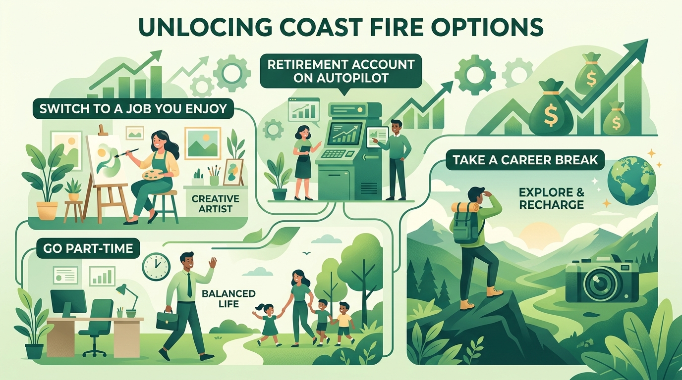Illustration of the options Coast FIRE unlocks: switching to a lower-paying job you enjoy, going part-time, or taking a career break, while retirement savings grow on autopilot