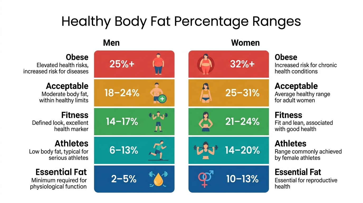 Color-coded infographic showing body fat percentage ranges for men and women from essential fat through athlete, fitness, acceptable, and obese categories with labeled percentage values