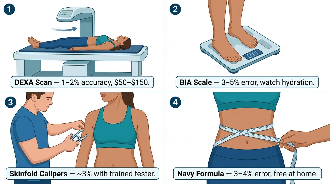 Four-panel diagram illustrating body fat measurement methods side by side: a DEXA scan machine in a clinical setting, a bioelectrical impedance scale being stepped on, skinfold calipers being used by a trainer on a client, and a flexible measuring tape for the Navy circumference method
