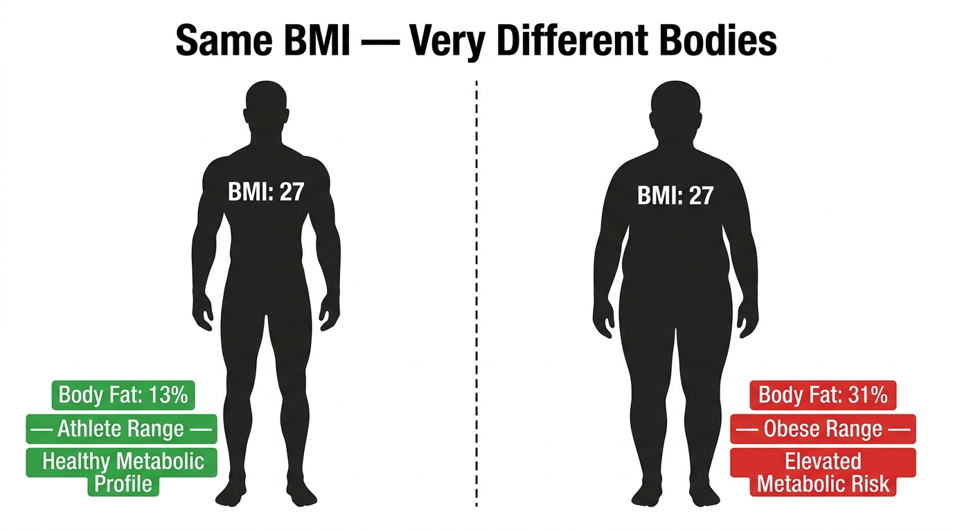 Split comparison infographic showing two people with identical BMI scores of 27 where the left person has 13 percent body fat with visible muscle definition and the right person has 31 percent body fat with little muscle, demonstrating why body fat percentage reveals health information that BMI cannot