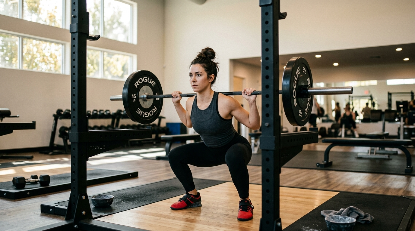 Person in a gym setting performing a barbell squat with proper form under natural light, representing resistance training as the primary driver of long-term body composition improvement and healthy body fat levels