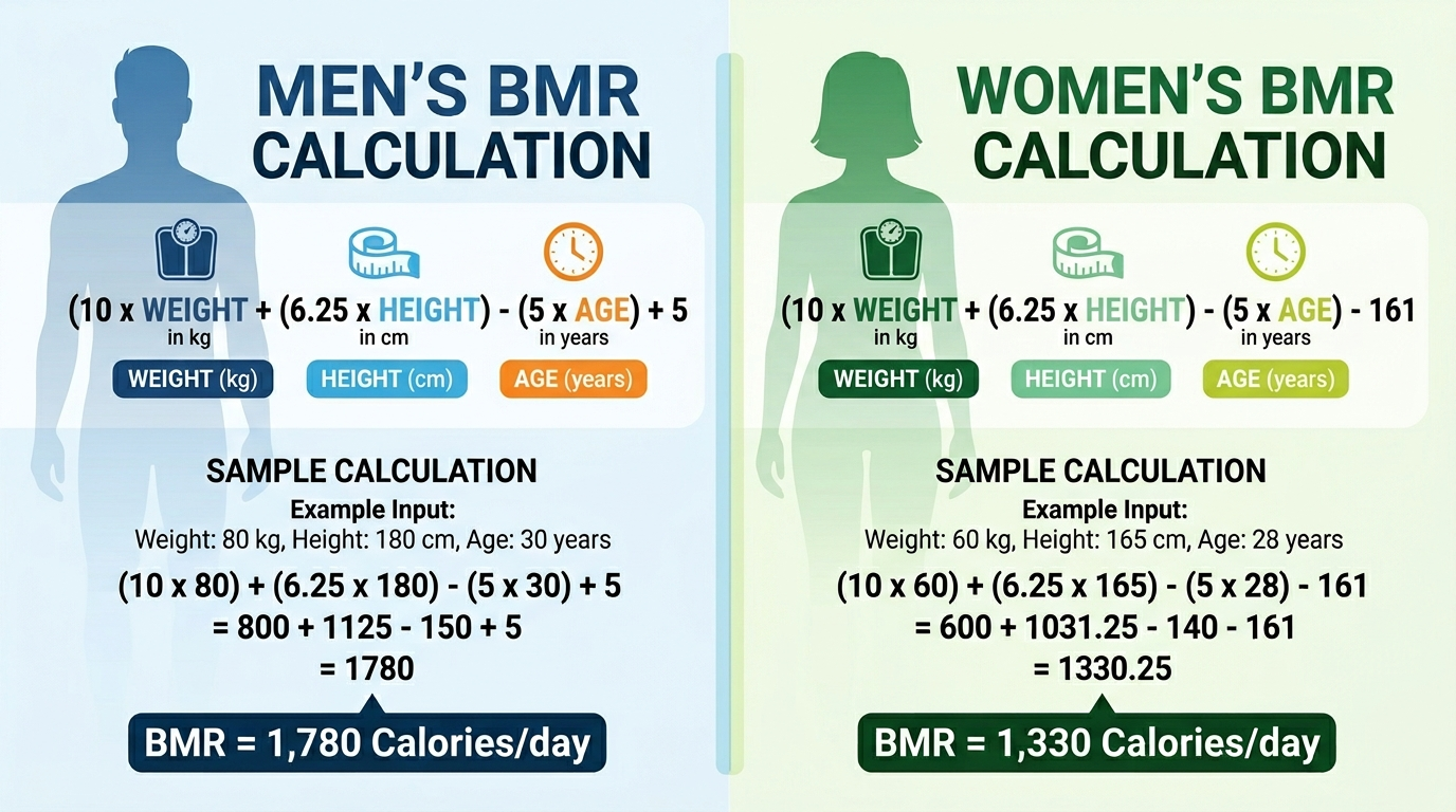 Clean infographic split into two panels showing the Mifflin-St Jeor BMR formula for men on the left with a male silhouette and the formula for women on the right with a female silhouette, each with color-coded variables for weight in kg, height in cm, and age