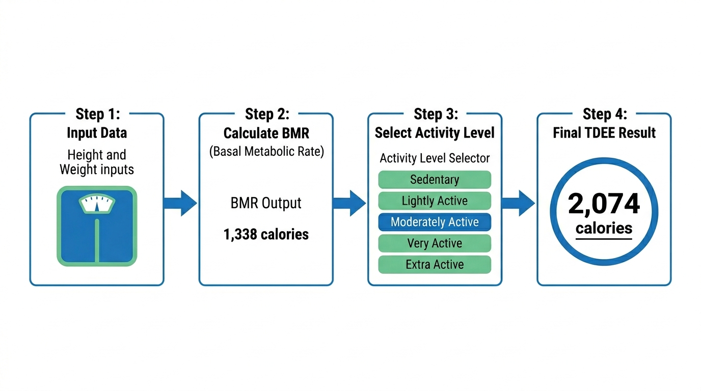 Step-by-step flow diagram showing TDEE calculation process: starting with height and weight inputs flowing into BMR result, then selecting an activity level multiplier, then arriving at the final TDEE number, with example values filled in for a 35-year-old woman