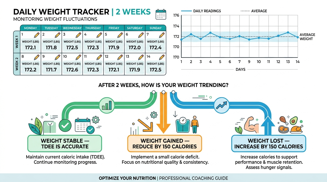 Calendar-style tracking diagram showing two weeks of daily weigh-ins plotted on a simple graph, with an arrow pointing from the starting weight to the ending weight and a decision tree below indicating whether to adjust calories up, down, or maintain based on the result