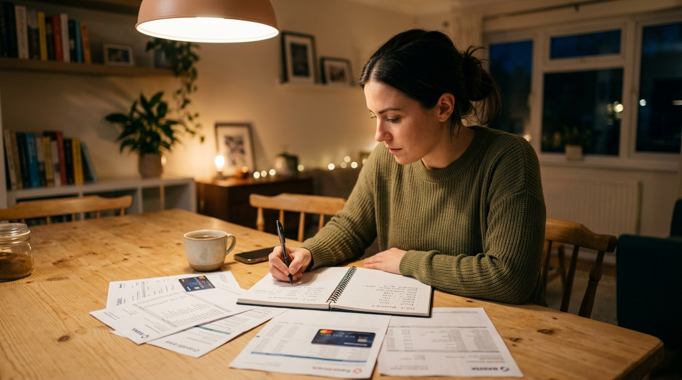Person at a kitchen table with credit card statements and a payoff notebook, working on a debt elimination plan