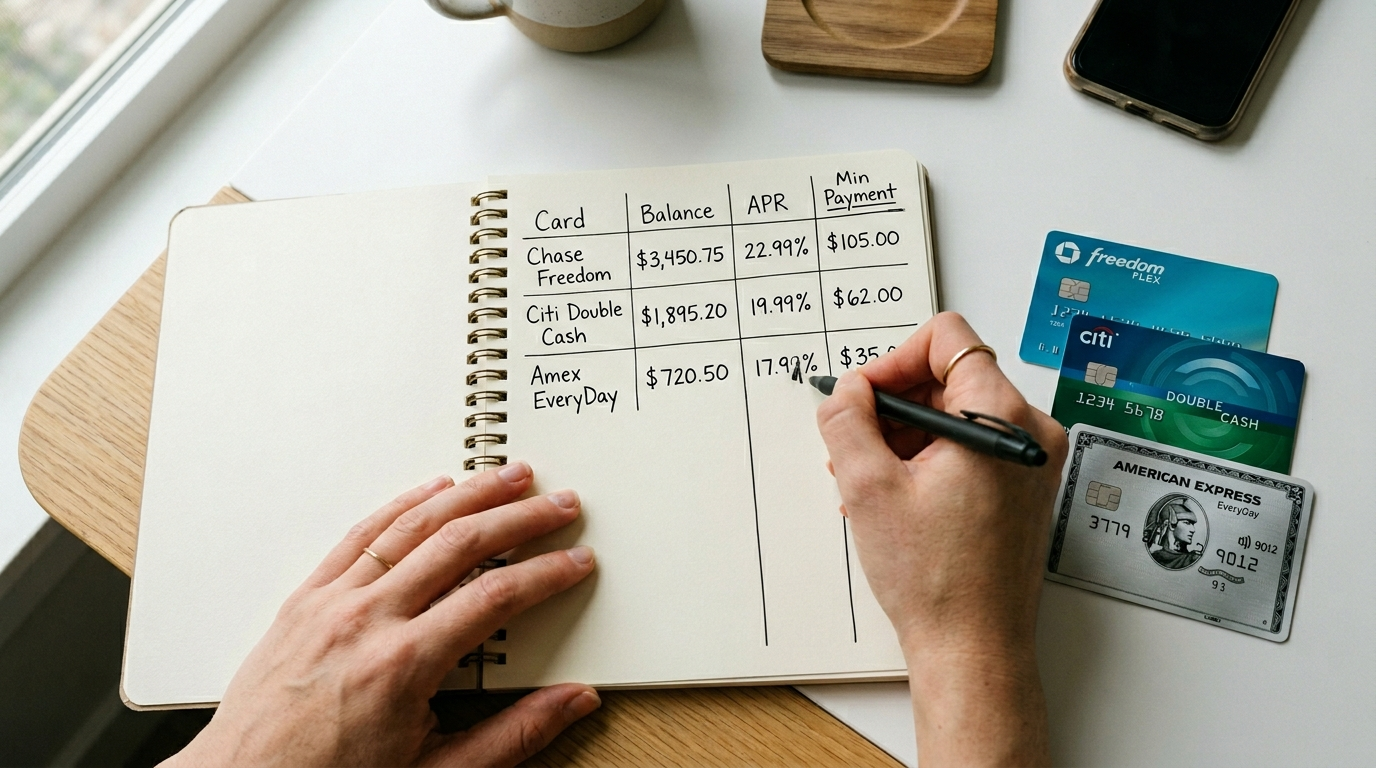 Close up of a person's hands writing a debt inventory list in a notebook with three credit cards laid out beside it showing different balances and interest rates