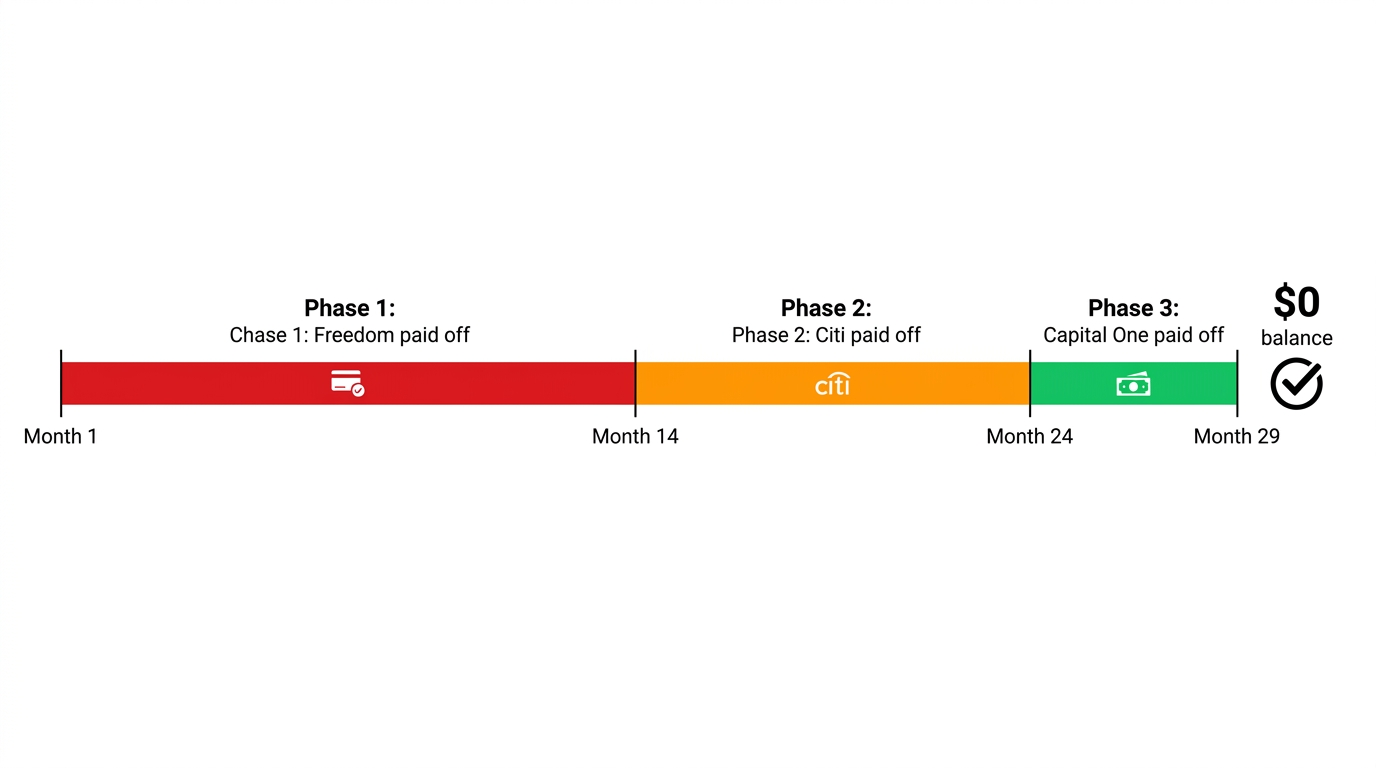 Visual timeline graphic showing a 29-month credit card debt payoff journey from $20,000 to zero, with three phases highlighted for three different cards being eliminated one by one