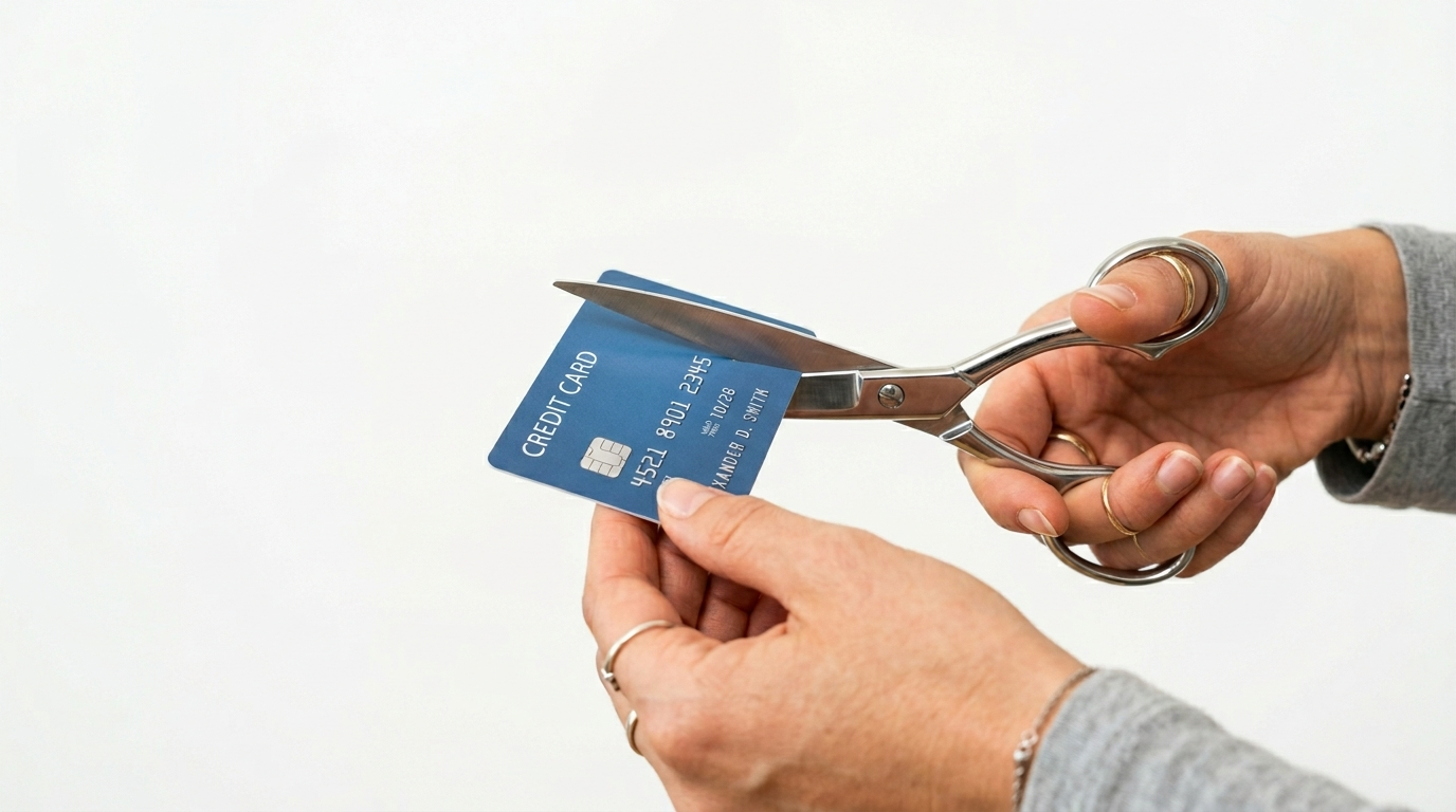Person holding a pair of scissors about to cut a credit card in half against a clean white background, symbolizing freedom from credit card debt