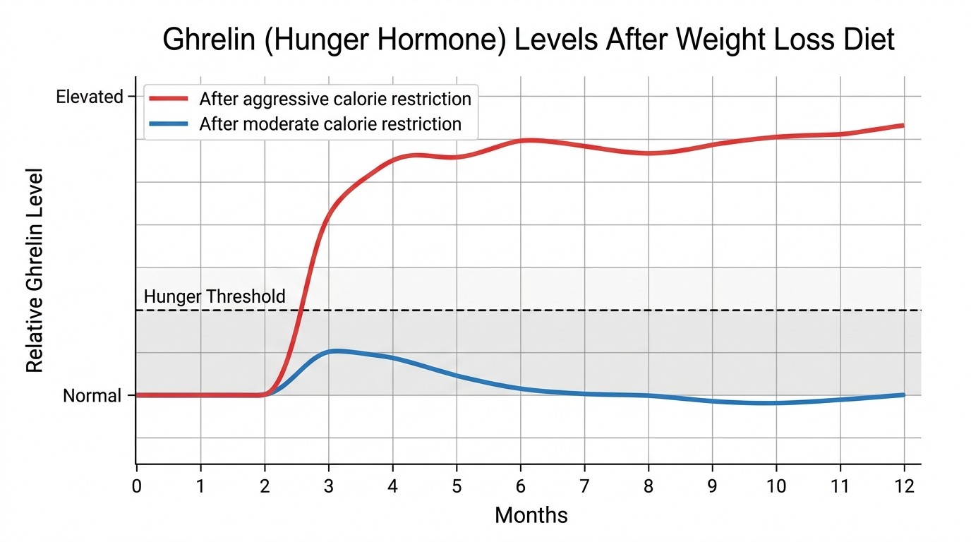 Line graph showing ghrelin hunger hormone levels over 12 months after a rapid weight loss diet, with the line remaining elevated well above baseline even after the diet period ends at week 10, with a comparison line showing ghrelin levels after a gradual weight loss approach returning closer to baseline