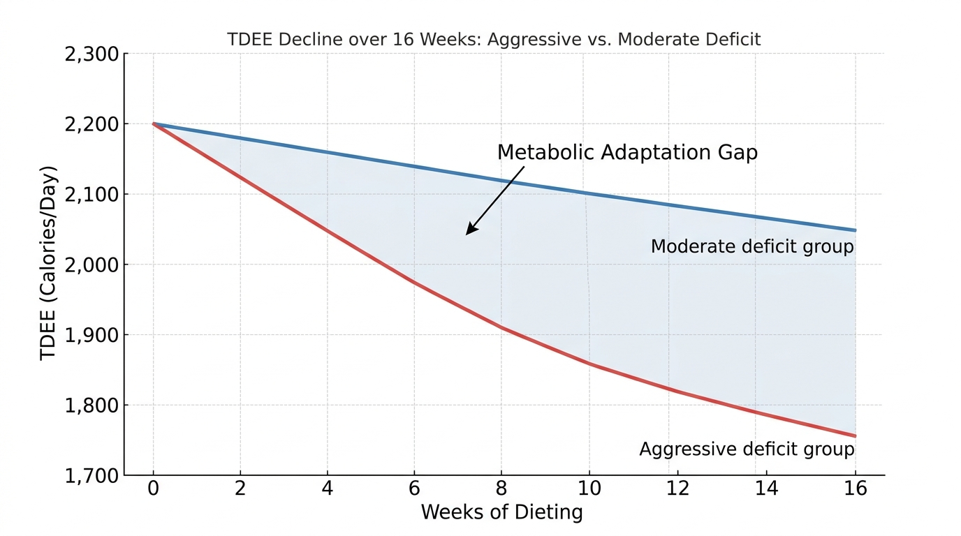 Dual-line graph comparing TDEE reduction over 16 weeks of dieting in two groups: the fast-loss group showing a steep drop in TDEE due to metabolic adaptation while the slow-loss group shows only a modest TDEE reduction, with both groups starting at the same baseline