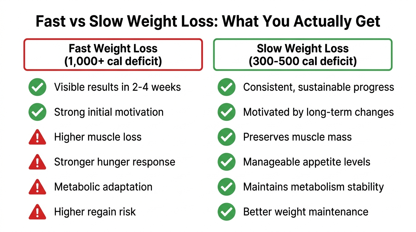 Comparison checklist graphic showing two columns: Fast Weight Loss showing checkmarks for speed, quick motivation, and visible early results alongside warning icons for muscle loss, hunger spikes, metabolic adaptation, and high regain risk; Slow Weight Loss showing checkmarks for muscle preservation, hormonal stability, sustainable adherence, and lower regain risk