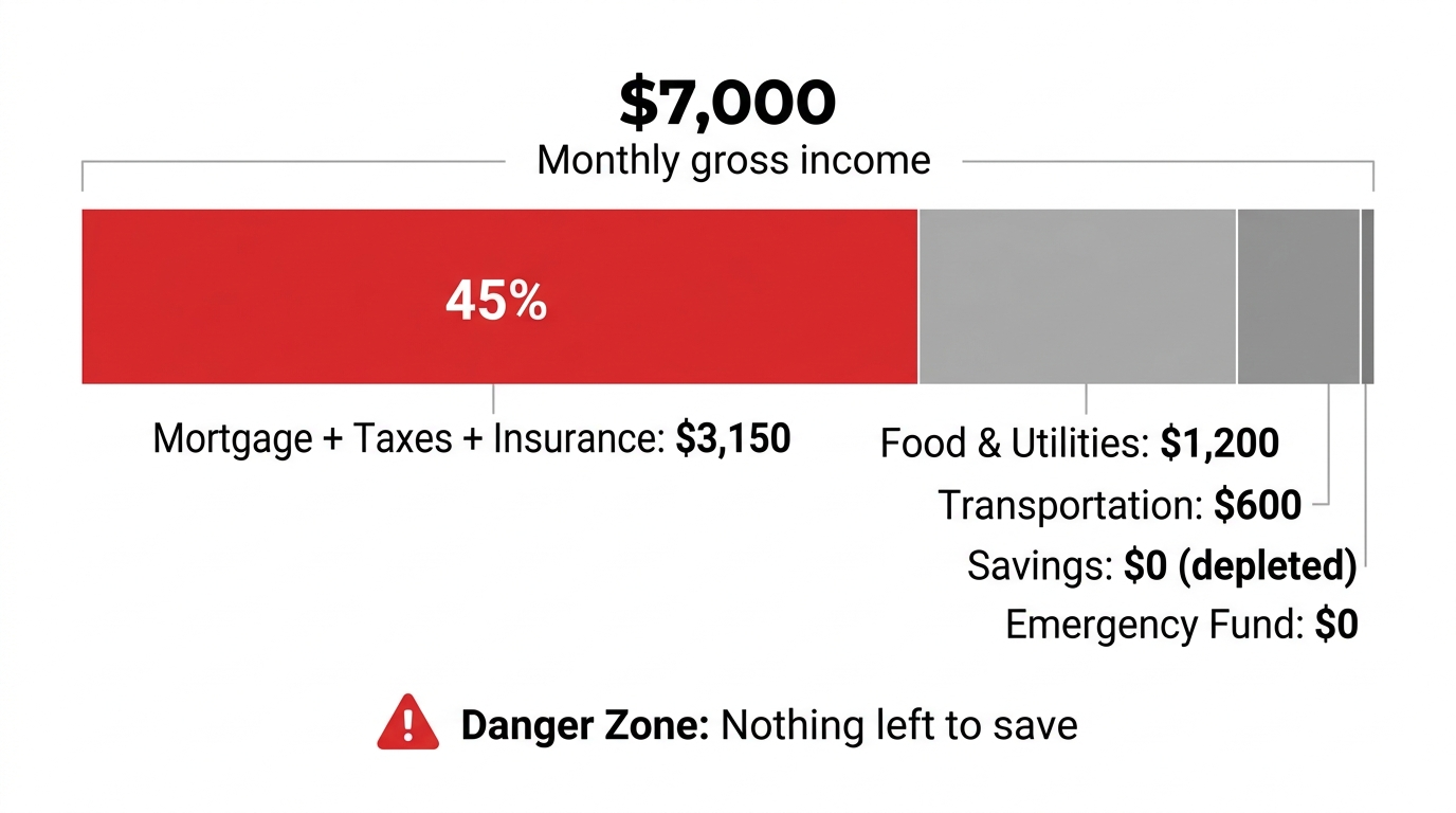 Infographic showing a monthly income flow diagram where a large mortgage payment labeled too expensive absorbs 45 percent of gross income, leaving insufficient amounts for savings, emergency fund, retirement contributions, and everyday expenses