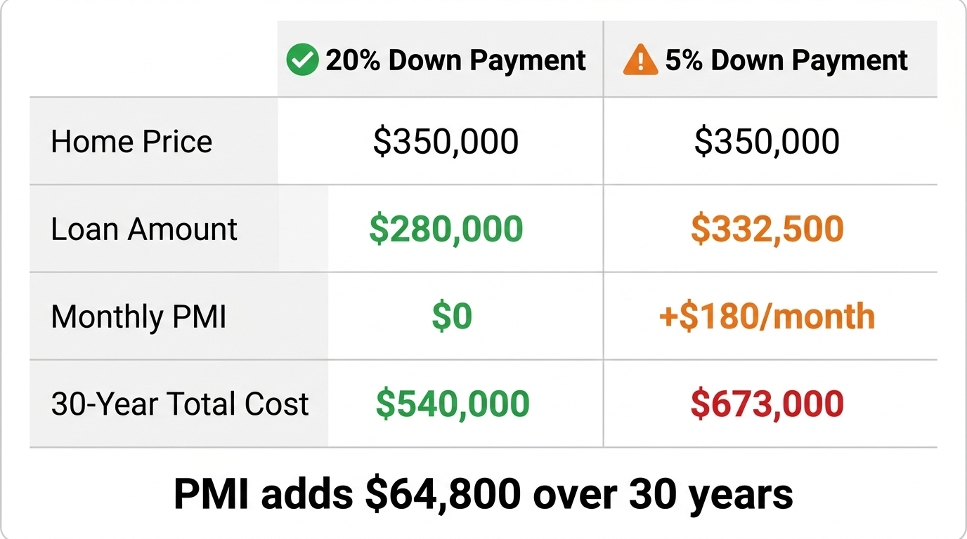 Comparison table showing a 20 percent down payment on a 350000 dollar home producing a 280000 dollar loan versus a 5 percent down payment producing a 332500 dollar loan with PMI added, showing the higher total cost of the low down payment path over 30 years