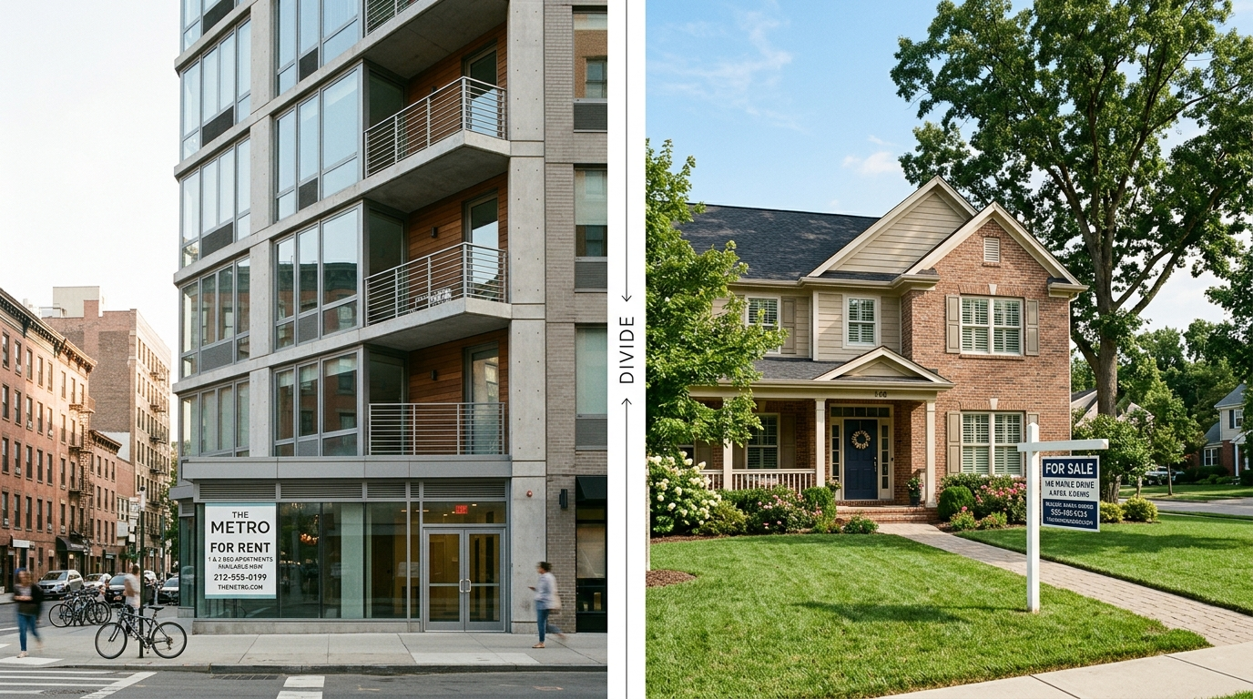 Split image comparing a modern rental apartment building on the left and a suburban home for sale on the right