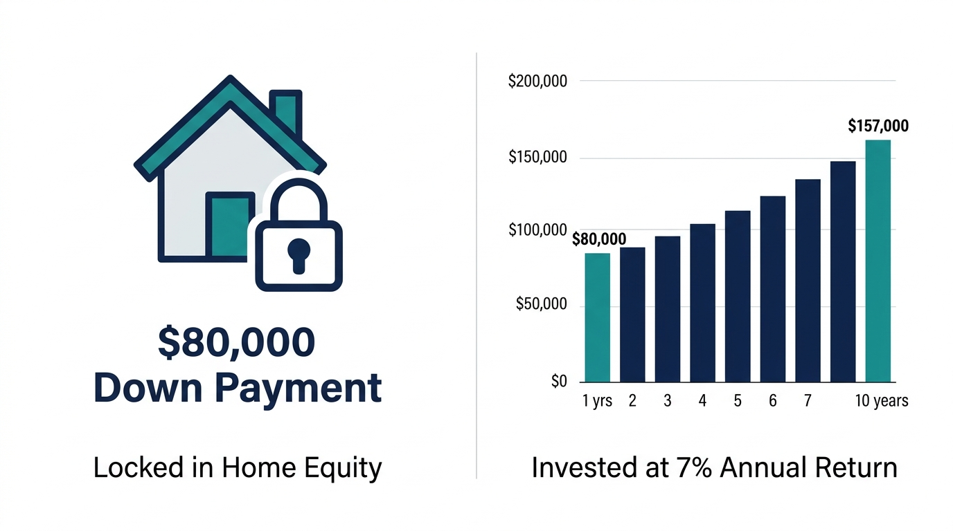Side by side graphic comparing a $80,000 down payment locked in home equity versus the same $80,000 invested in index funds growing over 10 years at 7 percent annual returns