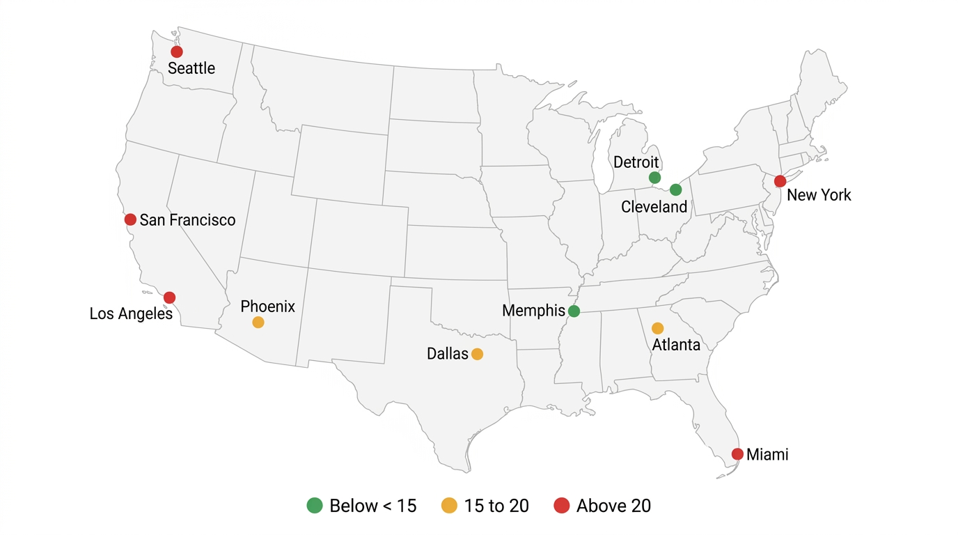 U.S. map infographic showing price to rent ratios by major city, with color coding from green for buyer favorable markets to red for renter favorable high cost markets