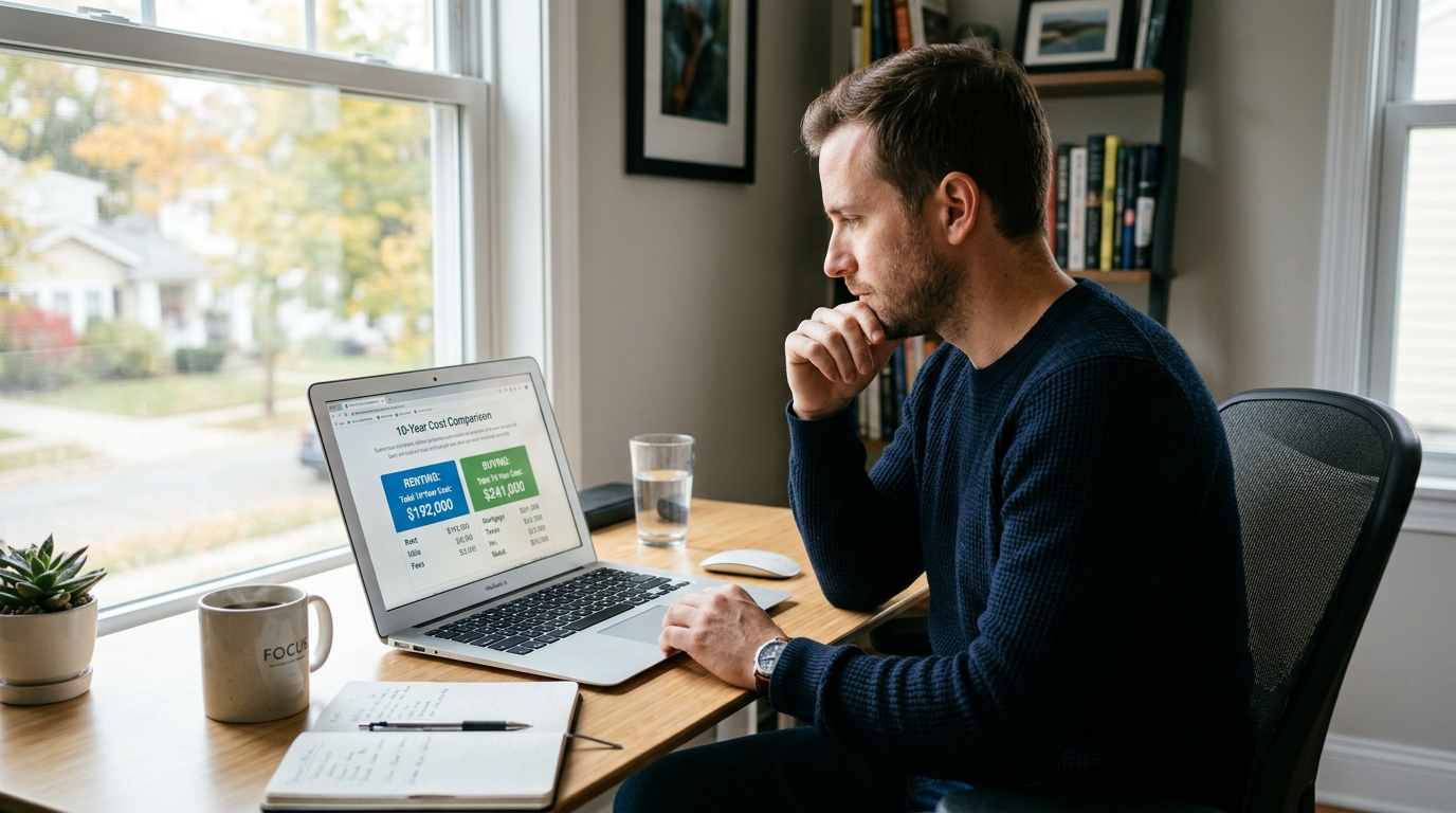 Person sitting at a desk with a laptop open to a rent vs buy comparison calculator showing two side by side cost projections over a 10 year holding period