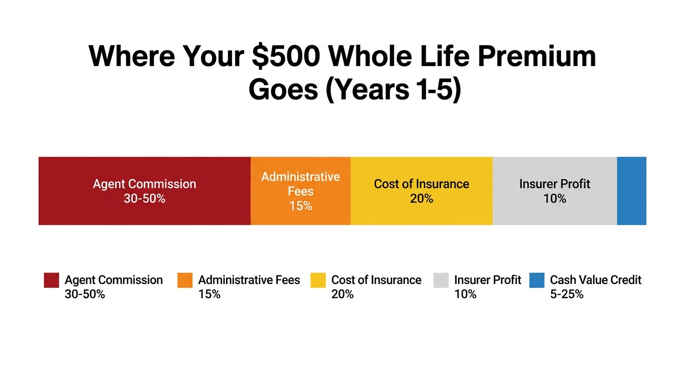 Stacked bar chart showing how a 500 dollar whole life insurance monthly premium is split among agent commissions, administrative fees, cost of insurance, insurer profit margin, and the small remaining portion credited to cash value in policy years one through five
