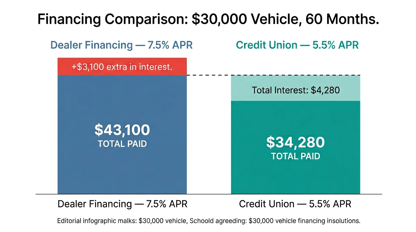 Comparison bar chart showing dealer financing at 7.5 percent APR versus credit union financing at 5.5 percent APR on a 30000 dollar vehicle, with the total interest difference of approximately 3100 dollars highlighted in red