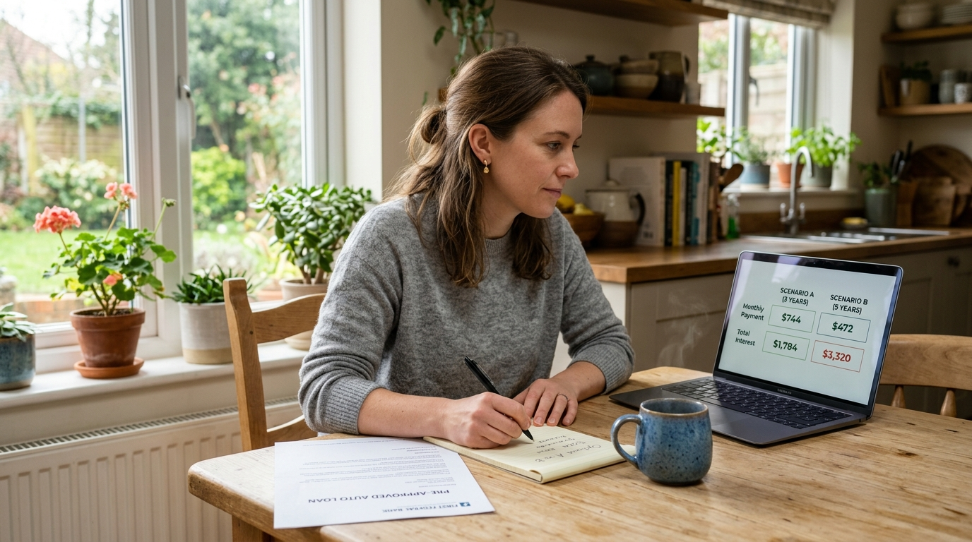 Person at a kitchen table with a laptop showing loan calculator results, a bank pre-approval letter, and a notepad comparing total cost of two loan scenarios before visiting a car dealership