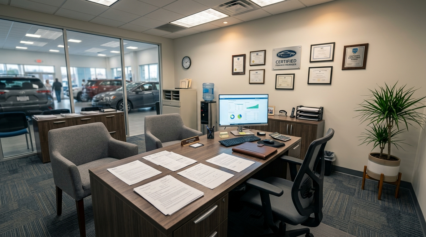Person reviewing the true total cost of a car loan with an AI assistant on a calculator before signing the financing paperwork