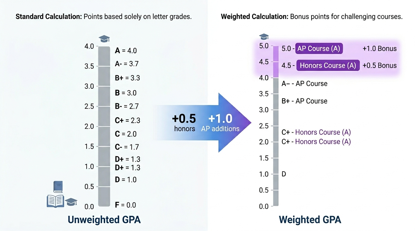 Side-by-side comparison infographic showing the standard unweighted 4.0 GPA scale on the left versus the weighted 5.0 GPA scale on the right, with AP and honors course bonus points highlighted