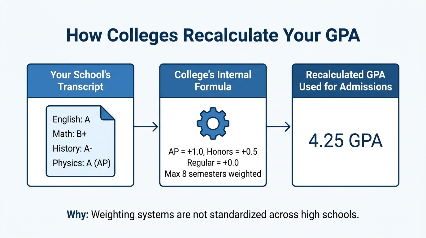 Diagram showing how a selective university admissions office recalculates student GPAs from raw transcript grades using their own internal weighting formula, converting diverse high school grading systems into a single comparable scale for fair evaluation
