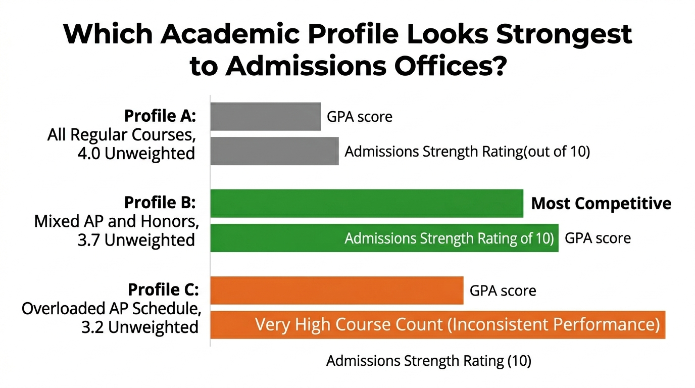 Bar chart comparing three student academic profiles: profile A showing all regular courses with a 4.0 unweighted GPA, profile B showing mixed AP and honors courses with a 3.7 unweighted GPA and strong performance, and profile C showing overloaded AP schedule with a 3.2 unweighted GPA, illustrating why profile B is most competitive for selective admissions