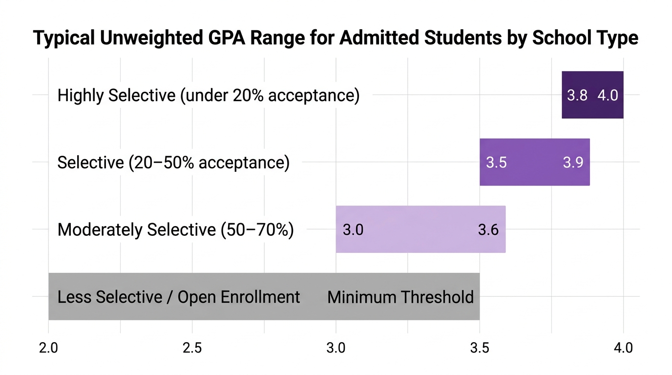 Horizontal bar chart showing typical unweighted GPA ranges for admitted students at highly selective universities between 3.8 and 4.0, selective universities between 3.5 and 3.9, moderately selective schools between 3.0 and 3.5, and open enrollment schools with a minimum threshold of 2.0